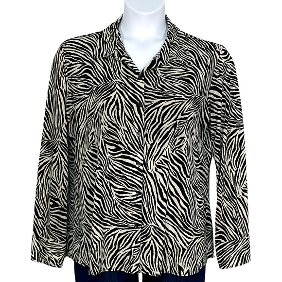 Chico's Sz 3 XL 16-18 Button Down Blouse Jersey Stretch Knit Beige  Black Zebra - Picture 1 of 8